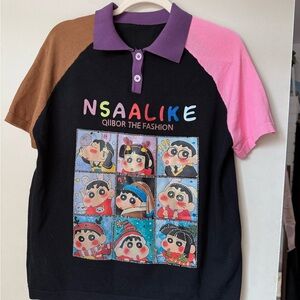 Casual polo-style top featuring a cute kawaii cartoon print.